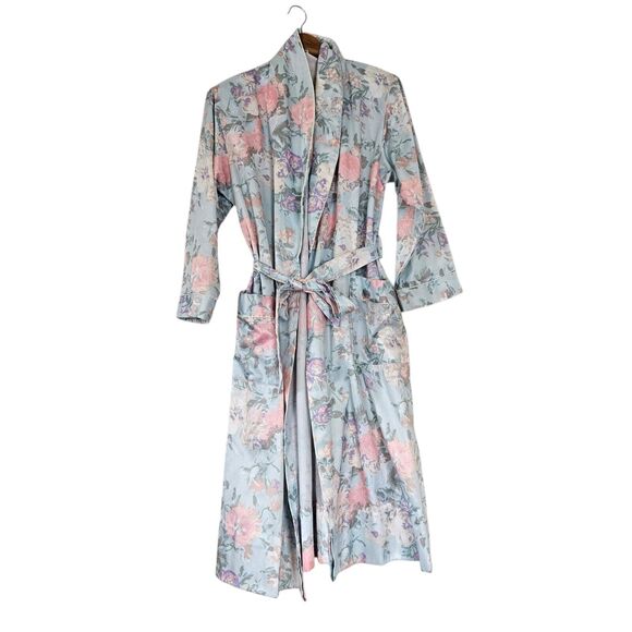 Vtg Miss Elaine Floral Robe Womens L Pastel Belted Fleece Lined Pockets Cottage - Picture 1 of 9
